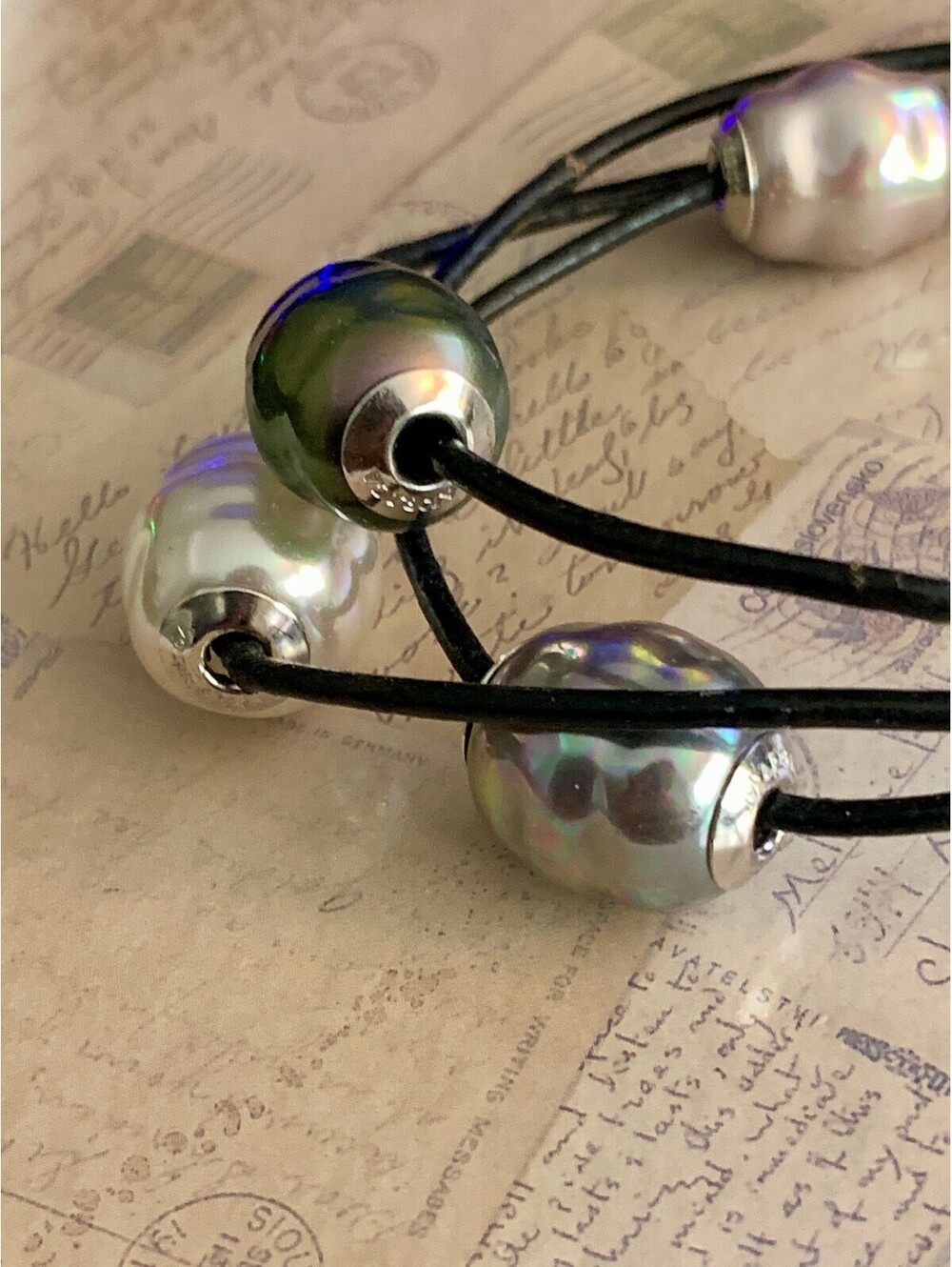 Majorica Contemporary Multi-Strand Leather Sterling Silver Pearl Bracelet
